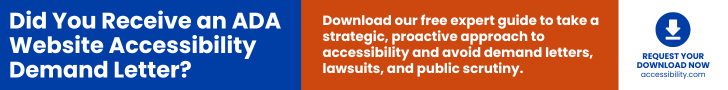 Blue background, "Did You Receive an ADA Website Accessibility Demand Letter?", description of the guide, and a downward arrow button to request to download the guide